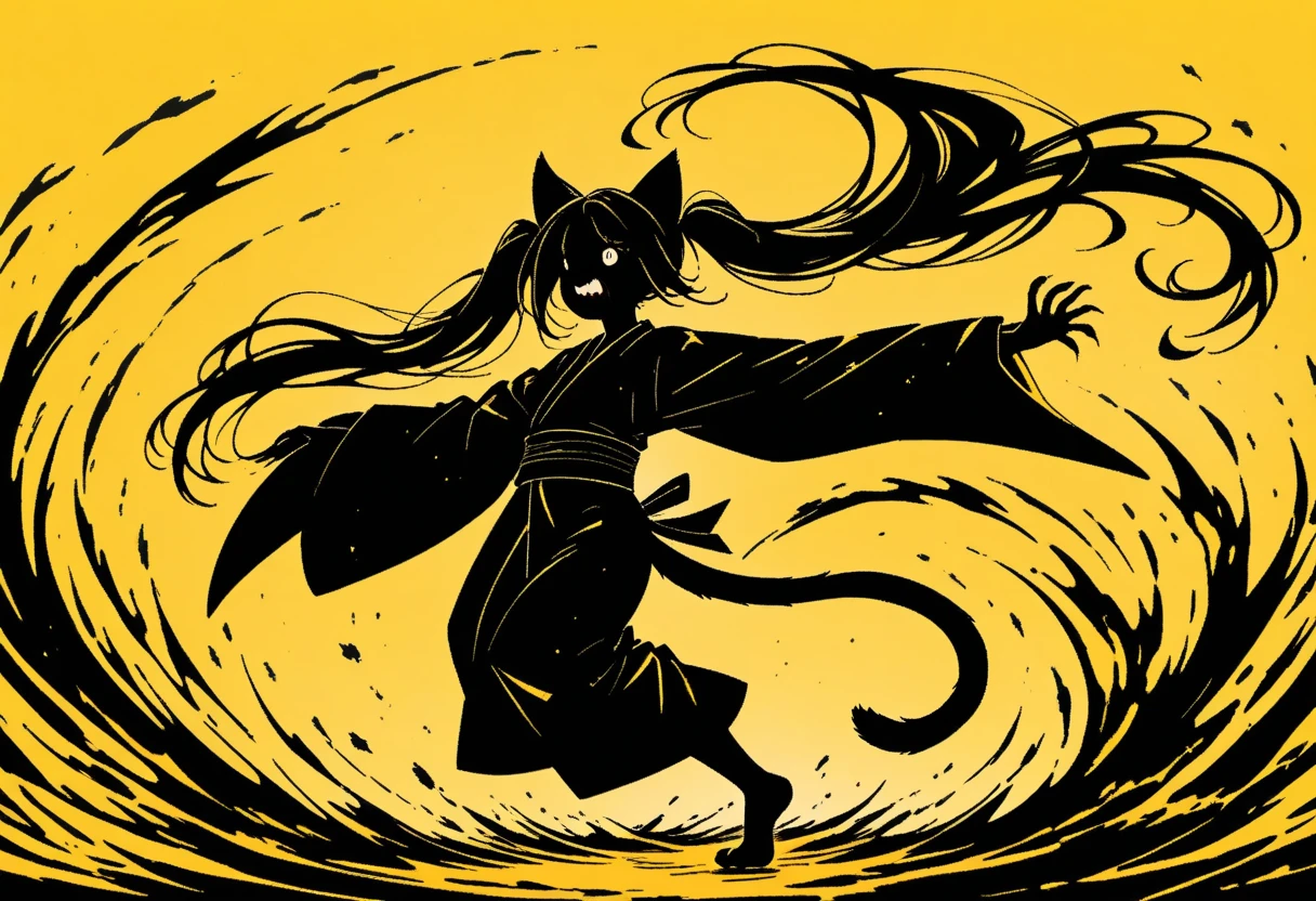  Black Silhouette Art ,  girl, cat ears,  flowing hair,  Twin Tails ,  minimalist, The tail has become a huge mouth, Sickle, Yellow background, Depth,  portrait, nail, Wobbly Kimono ,  dynamic pose, Wide sleeves,