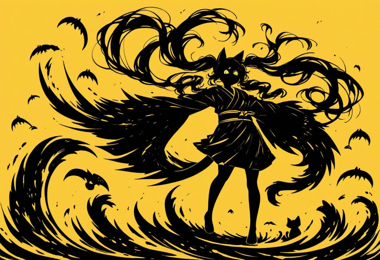  Black Silhouette Art ,  girl, cat ears,  flowing hair,  Twin Tails ,  minimalist, The tip of the tail is a huge mouth, A huge mouth is coming over here, Sickle, Yellow background, Long nails, Wobbly Kimono ,  dynamic pose, Wide sleeves,