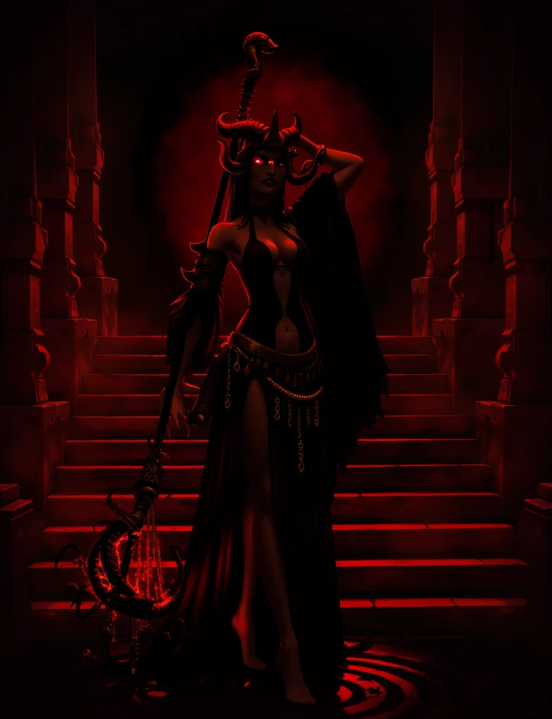 a painting of a holy succubus with horns, dancing, gloves, vampire the masquerade bloodlines, incredible art, gloomy background, nimbus, church ragged vestments, darksketch, minimalism