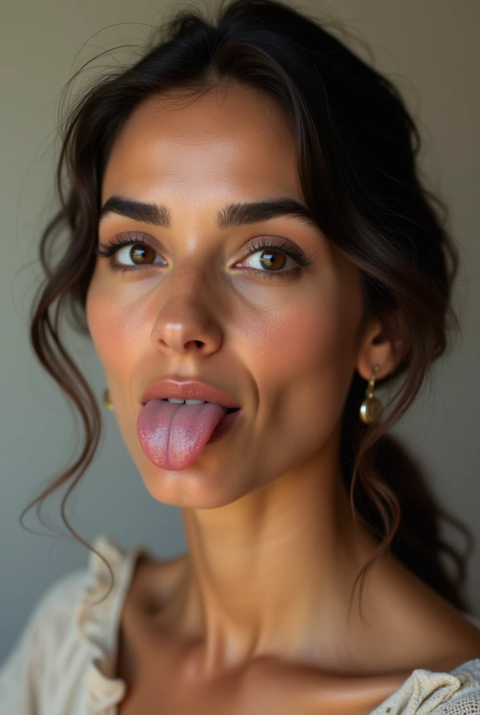 professional, (4K photo:1,1), (Focus:1,3), high detail, playful (Emma Raducanu1.1), beautiful detailed face, brown eyes, black hair, (blushing:1.1), Beautiful young and atletic body, Face close up, looking directly into the camera, beautifull smile, gloomy atmosphere, Dark background, (Eye makeup, mascara), ((Stylish hairstyle)), photoshoot, studio (Contour lighting), (The play of light and shadows), Focal Length, bokeh, (special attention to skin detail: 1.2), Detailed leather texture, skin pores, (Film grain, VHS effect), (shine) , ((lens)) , ultra detialed, mouth wide open, tongue out, full face close up