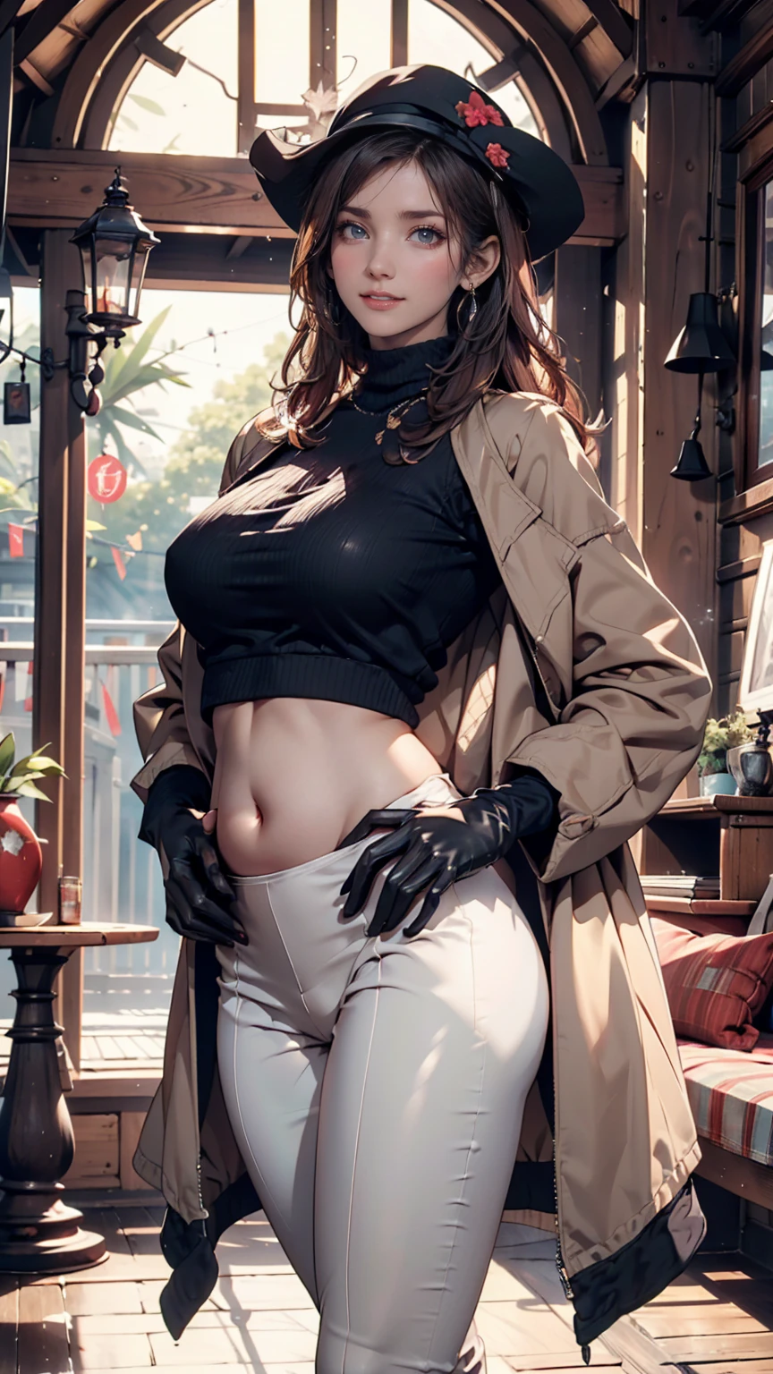 (masterpiece, top quality:1.2), cowboy shot , Alone, 1 girl, Comoros Met , smile, watching viewers, black headwear , midriff length jacket, Long Sleeve , Thumbtuck Glove 、 Low Rise Leggings 、Stiletto heels、Underboob visible、 firm belly 、 place your hands on your hips、 contrapost (Multiply one leg by weight)