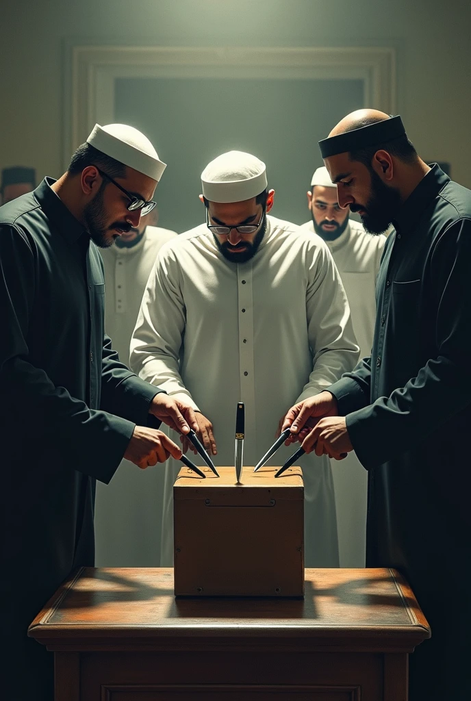 there is a man shout's and kneeling down begging for mercy wearing Muslim white suit from the right side, a man from the left side and holding a sword wearing white Muslim suit in front of a of a man begging for mercy, islamic, accurate to egyptian tradition, parody work, edited, competition winning, arab ameera al taweel, wearing white robes, in the desert beside the gulf, arab man, accurate depiction, praised, sheikh, an arab standing watching over, pose 1 of 1 6, background in the desert and many Muslim watching at the man begging for mercy, realistic image, 16k resolution, caught on footage