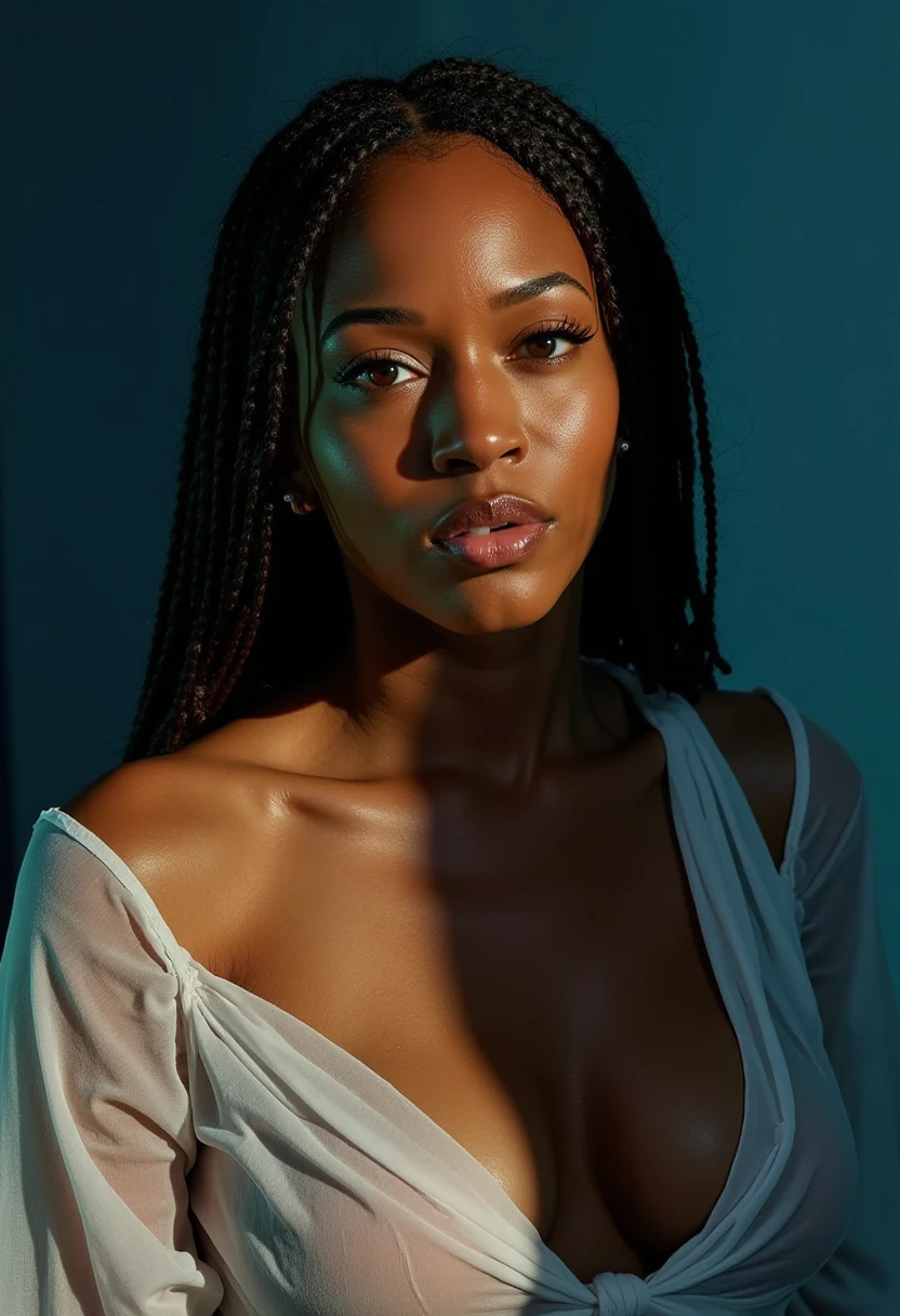 a black woman with long braided hair, light brown eyes, sexy look, full mouth, dimple on the left cheek, breasts highlighted under the transparent white blouse because it was wet with sweat, hyper realistic, 8k, highly detailed, cinematic lighting, dramatic shadows, photorealistic, sharp focus, ultra detailed skin texture, volumetric lighting, cinematic composition, dramatic colors, chiaroscuro lighting