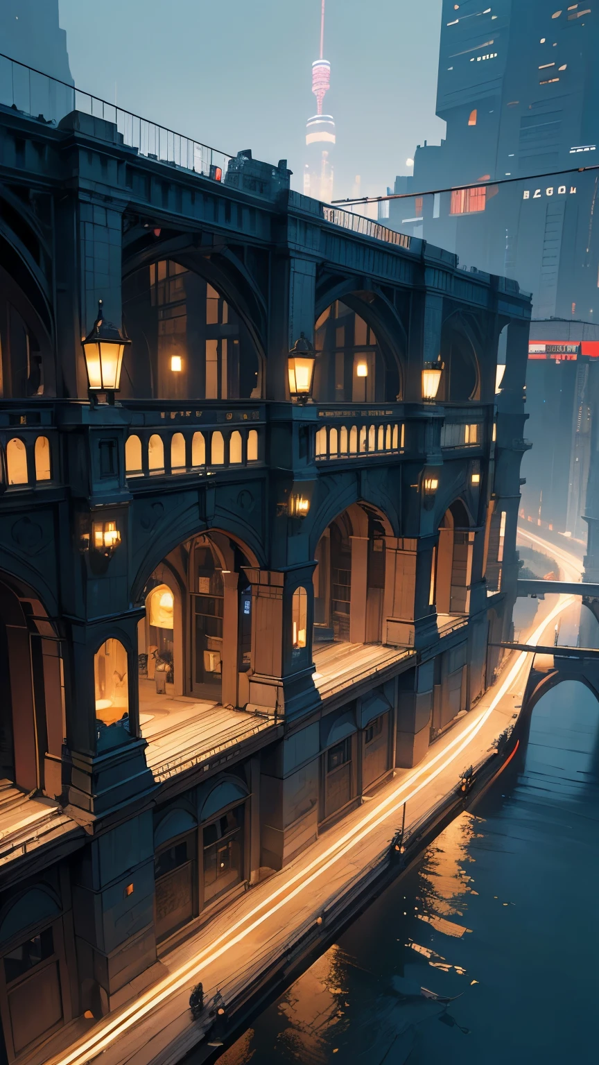 ((masterpiece)),(( top quality)),(( high detail)),(( realistic ,)) Future City,  Deep canyons ,  Architecture view from the city , Bazaar, bridge,  cyberpunk,  European architecture , Rainy Night, neon,  futuristic motorcycles