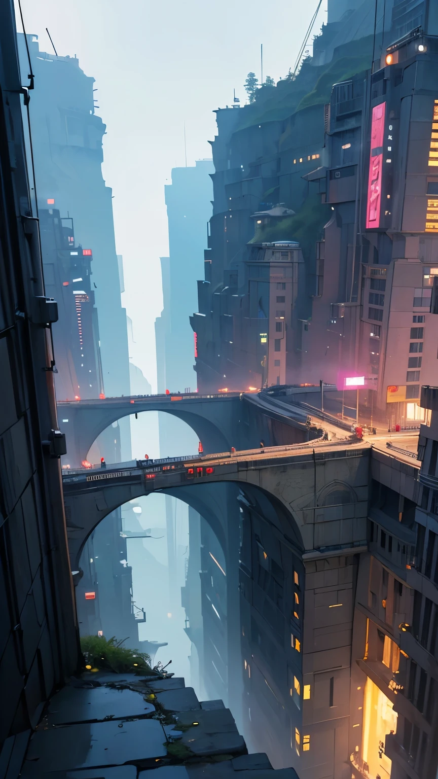 ((masterpiece)),(( top quality)),(( high detail)),(( realistic ,)) Future City,  Deep canyons ,  Architecture view from the city , Bazaar, bridge,  cyberpunk,  European architecture , Rainy Night, neon,  futuristic motorcycles