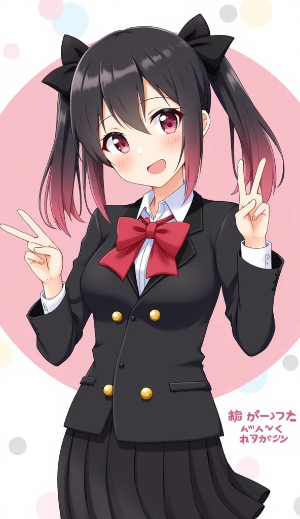 best quality, masterpiece, highres, solo, {yazawa_nico_lovelive:1.15}, black_hair, red_eyes, twintails, blush, smile, bow, hair_bow, bangs, 1girl, \\m/, cardigan, double_\\m/, looking_at_viewer, one_eye_closed, open_mouth, otonokizaka_school_uniform, school_uniform, ;d, ahoge, blazer, jacket, sparkle