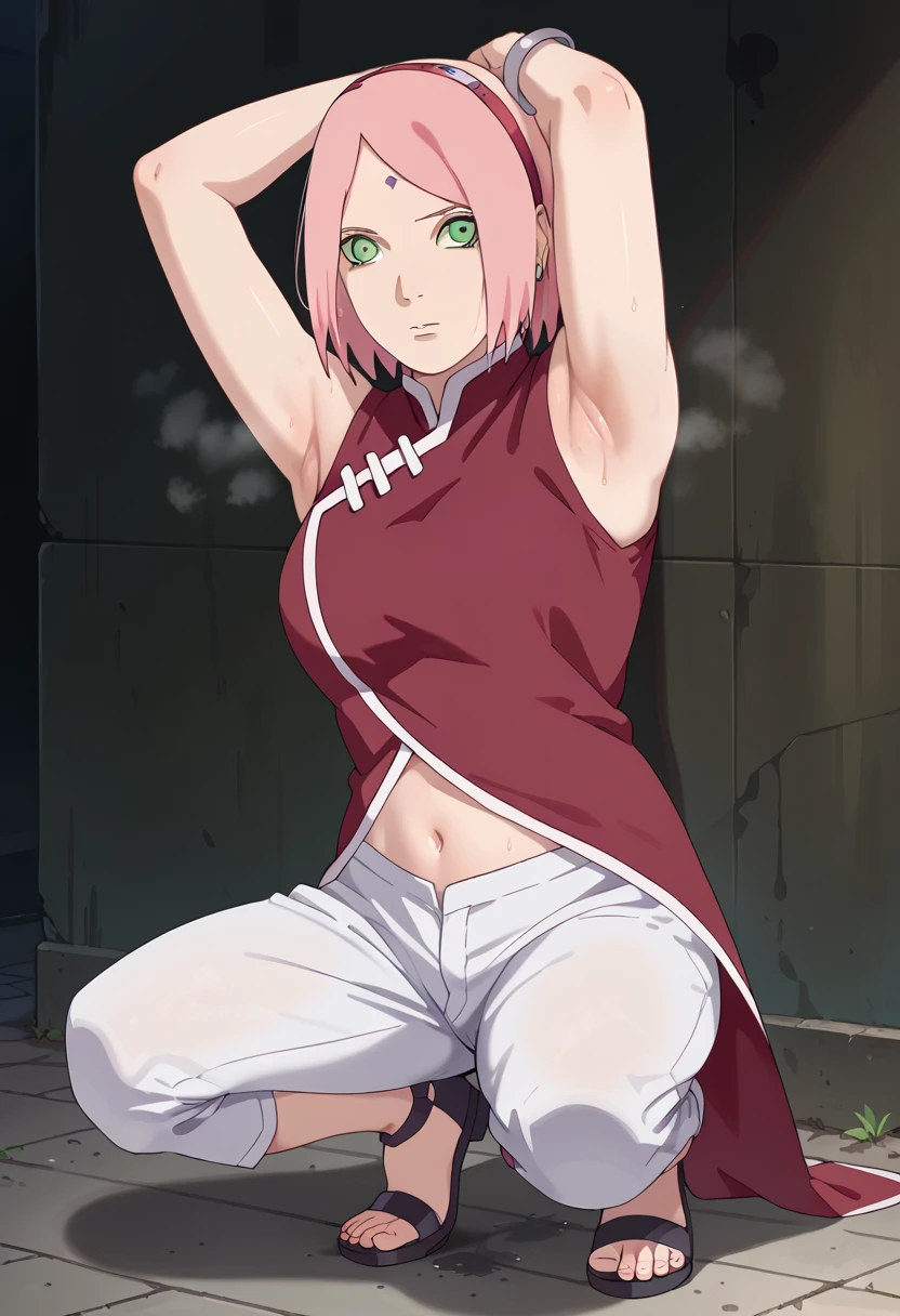 ,nsfw,haruno sakura,sakura,green eyes ,pink hair, short hair,, red sleeveless dress, navel, large breasts, white pants,In a dimly lit alley ,Armpit,Armpit wrinkles,Armpit smell,Armpit juice,Arms up,Stretch,pubic hair,under hair,squat down, 