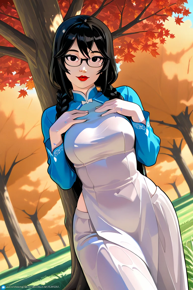 a influenser wearing Ao Dai comes in best autumn leaves season in Tokyo,(sfw), autumn but hot sunny day clear sky,
shining skin, perfect quality, high quality, masterpiece, skin texture, detailed skin, realistic skin,

18yo girl, one arm up, having some yellow leaves of gingko at chest height, 
side body rest on tree(solo), anime style round adorable face (thick wet red lip) 
(correct gingko tree stem unique rough surface:1.3),
many of gingko trees and less maple trees
short round chin (yellow iris), soft shadow on face make her beauty, face profile. tilt head, P:
(standing contrapposto) twisting upper body to make beautifull body line,
perfect realistic skin, saggy medium breasts,
almost no trancerucency of ao dai,

simple background in the park of Japan, under huge tree, Shiba kouen, Tokyo tower on back ground lergesize on screen
leaves of gingko on the ground, falling gingko leaves flying on wind,
(hard diffused spotlighting from diagonally
behind:0.7),
dutch_angle, 
(girl covered with dark shadow of trees:1.3)
(low contrast on skin, low brightness on skin:1.3)
(low highlight on skin:1.3 )(scope of eyes to 2 nipples in the frame),
looking at viewer,
narrow, sloping shoulders
long glossy black hair very long pigtails twin braid wearing glasses 3part of bangs, 
(oily skin:0.7) (low contrast on skin, low brightness on skin:1.3)
(traditional cutting silky long sleeves white ao dai with white glitter embroidery around fore body),
raglan sleeve ao dai
right side open design
skin of side belly, white silky long pants as set of ao dai,
pelvic curtain slightly floating by wind,
waist level, side portrait, grass, red maple leaves,
set white balance as 5600k on middle tone of skin,
wide pespective by close distance
under knee out of the frame,
keep volumetric shadow on breasts, wind blows on fore and back pelvic curtains of ao dai,
(one hands put on at chest positon),
(sharp lines:1.3)
various colors of ao dai for matching with the background
zPDXL3