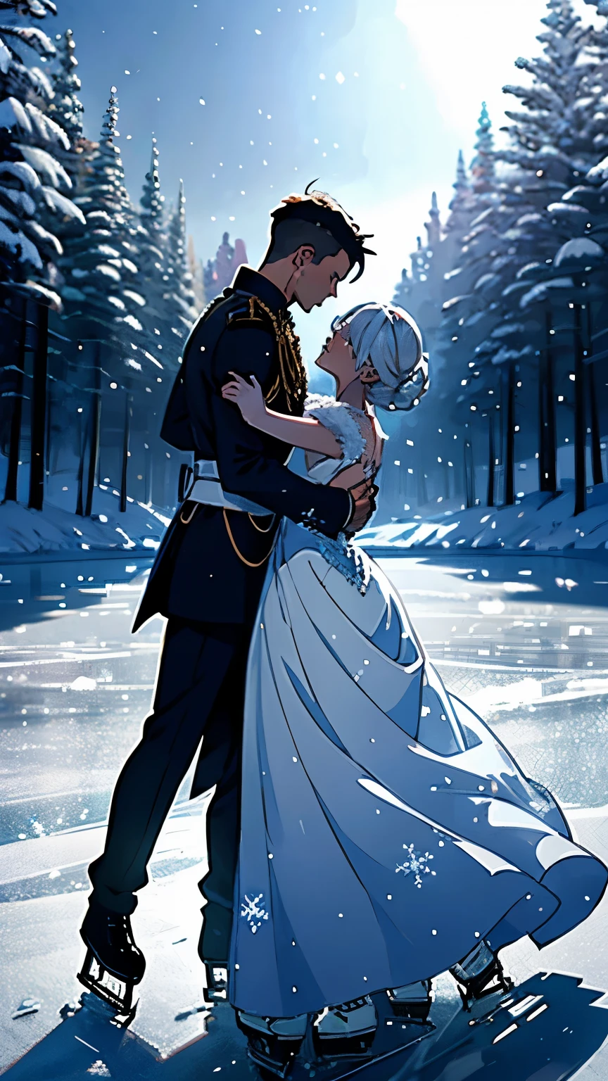 ( 2 people dancing on ice :1.2)、( 2 people are the Snow Queen and brave soldiers )、 elegant dance scene 、 contrast between the queen's gorgeous costume and the soldier's military uniform、 Frozen Lake in the Forest 、 The Queen's Castle Can Be Seen Across the Forest、moonlight、Sparkling Snow 、Masterpiece scene 、 top quality, masterpiece, high definition 、wallpaper、 8K Anime Art 、