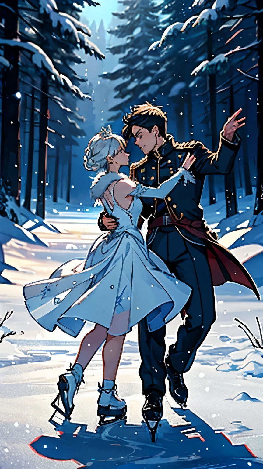 ( 2 people dancing on ice :1.2)、( 2 people are the Snow Queen and brave soldiers )、 elegant dance scene 、 contrast between the queen's gorgeous costume and the soldier's military uniform、 Frozen Lake in the Forest 、 The Queen's Castle Can Be Seen Across the Forest、moonlight、Sparkling Snow 、Masterpiece scene 、 top quality, masterpiece,  high definition 、wallpaper、 8K Anime Art 、