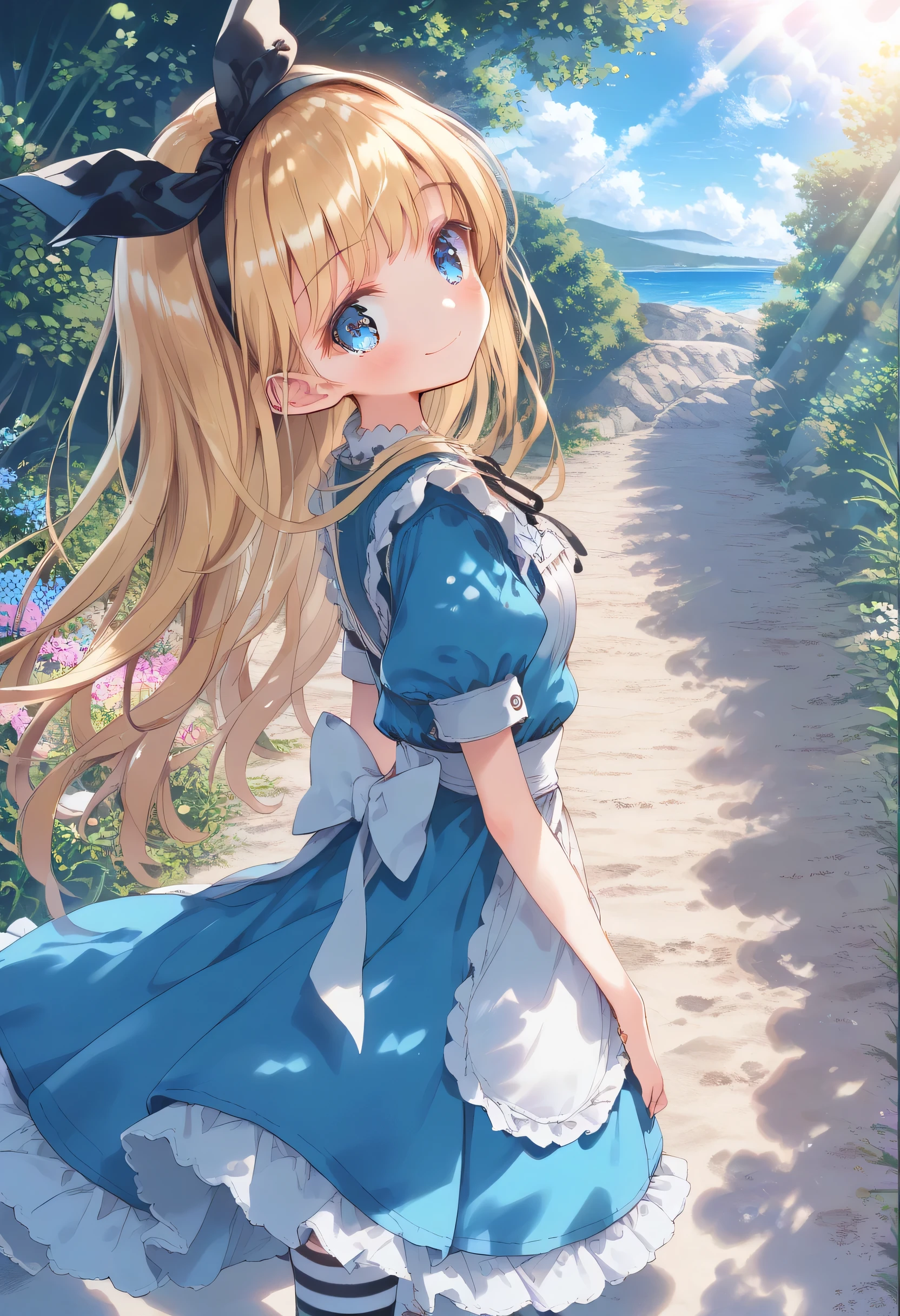 [  WAI-ANI-NSFW-PONYXL  :100],
score_9, score_8_up, score_7_up, score_6_up, score_5_up, score_4_up, masterpiece, best quality, source_anime,
alone,cute 1girl,(loli),blonde hair,straight long hair,blunt bangs,Black ribbon hairband,blue eyes,blush, smile,( Alice in Wonderland costume ), black and white striped stockings,pastel hues,walking in the seaside path,blurred edges,nostalgic mood,(dappled sunlight:1.2),blurry,(depth of field:1.1),Delicate rural landscape ,blue sky,arched back、 beautiful flower field on one side 、Look down and smile、リフトスカート、(beautiful detailed eyes)