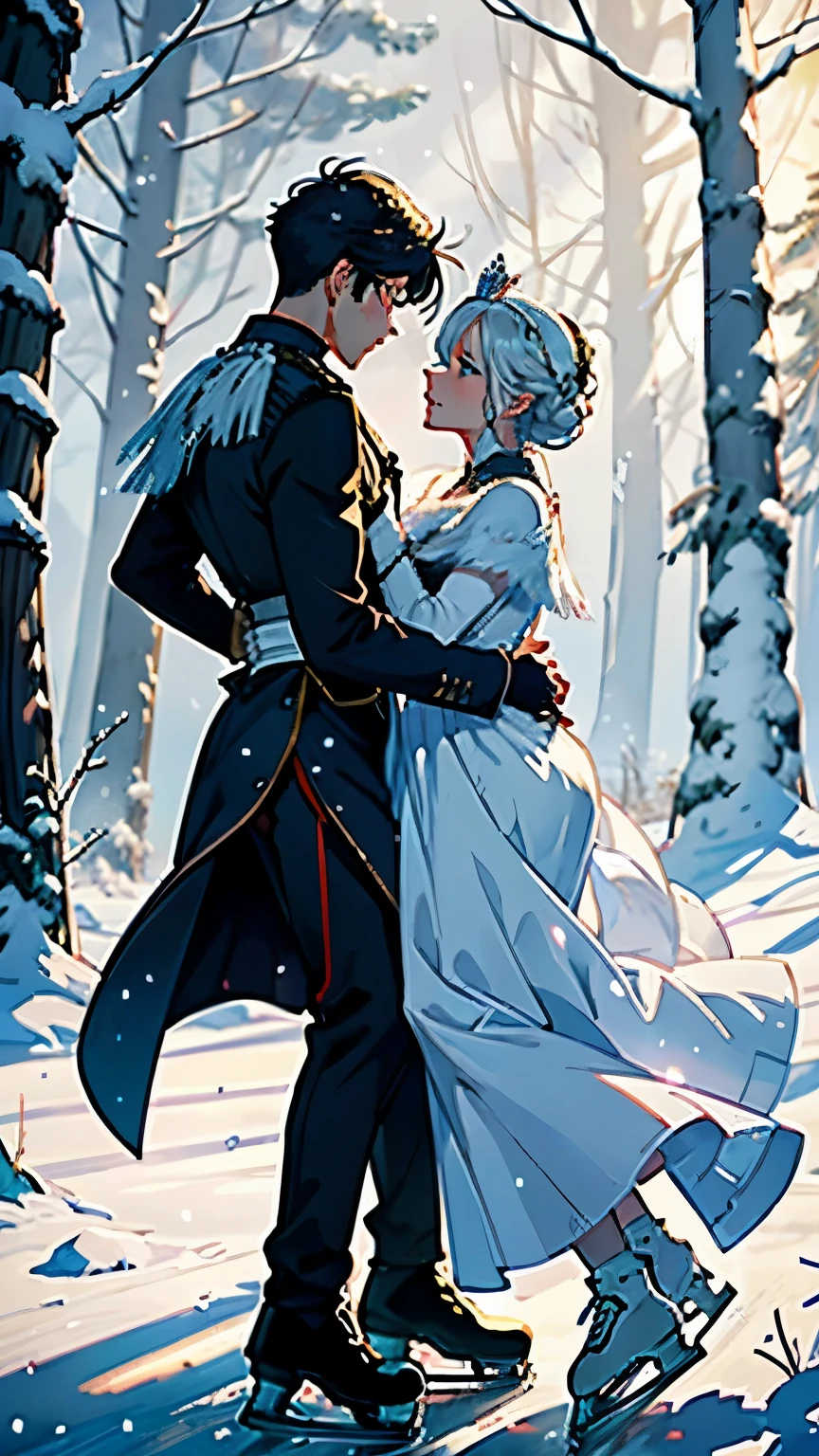( 2 people dancing on ice :1.2)、( 2 people are the Snow Queen and brave soldiers )、 elegant dance scene 、 contrast between the queen's gorgeous costume and the soldier's military uniform、 Frozen Lake in the Forest 、 The Queen's Castle Can Be Seen Across the Forest、moonlight、Sparkling Snow 、Masterpiece scene 、 top quality, masterpiece,  high definition 、wallpaper、 8K Anime Art 、