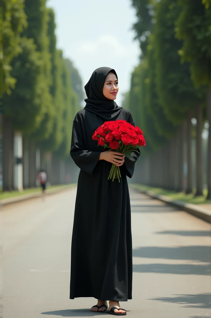 Muslim girl wearing hijab, dark black eyes, with flower bouquet, covering face with niqab