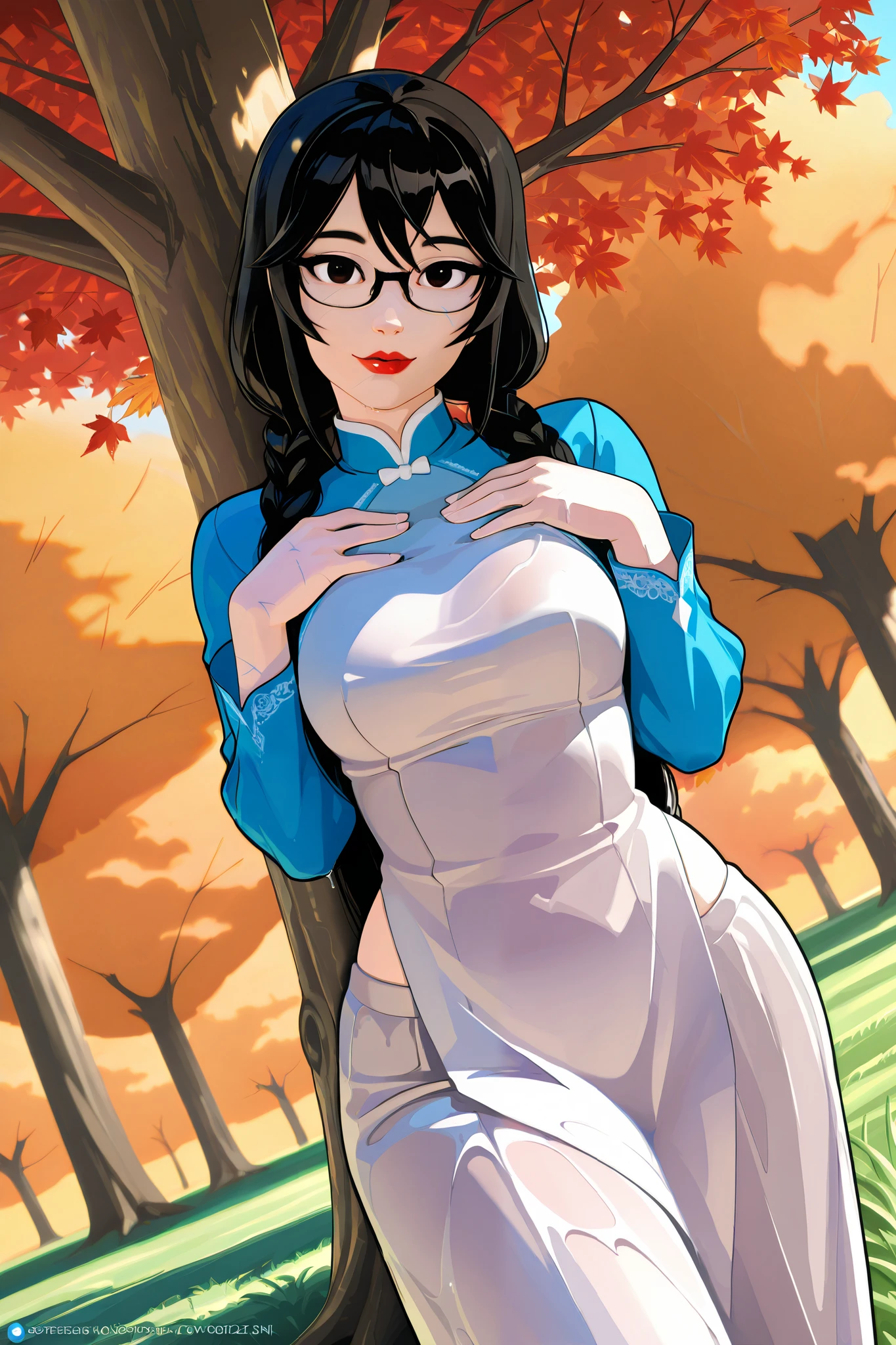 a influenser wearing Ao Dai comes in best autumn leaves season in Tokyo,(sfw), autumn but hot sunny day clear sky,
shining skin, perfect quality, high quality, masterpiece, skin texture, detailed skin, realistic skin,

18yo girl, one arm up, having some yellow leaves of gingko at chest height, 
side body rest on tree(solo), anime style round adorable face (thick wet red lip) 
(correct gingko tree stem unique rough surface:1.3),
many of gingko trees and less maple trees
short round chin (yellow iris), soft shadow on face make her beauty, face profile. tilt head, P:
(standing contrapposto) twisting upper body to make beautifull body line,
perfect realistic skin, saggy medium breasts,
almost no trancerucency of ao dai,

simple background in the park of Japan, under huge tree, Shiba kouen, Tokyo tower on back ground lergesize on screen
leaves of gingko on the ground, falling gingko leaves flying on wind,
(hard diffused spotlighting from diagonally
behind:0.7),
dutch_angle, 
(girl covered with dark shadow of trees:1.3)
(low contrast on skin, low brightness on skin:1.3)
(low highlight on skin:1.3 )(scope of eyes to 2 nipples in the frame),
looking at viewer,
narrow, sloping shoulders
long glossy black hair very long pigtails twin braid wearing glasses 3part of bangs, 
(oily skin:0.7) (low contrast on skin, low brightness on skin:1.3)
(traditional cutting silky long sleeves white ao dai with white glitter embroidery around fore body),
raglan sleeve ao dai
right side open design
skin of side belly, white silky long pants as set of ao dai,
pelvic curtain slightly floating by wind,
waist level, side portrait, grass, red maple leaves,
set white balance as 5600k on middle tone of skin,
wide pespective by close distance
under knee out of the frame,
keep volumetric shadow on breasts, wind blows on fore and back pelvic curtains of ao dai,
(one hands put on at chest positon),
(sharp lines:1.3)
various colors of ao dai for matching with the background
zPDXL3