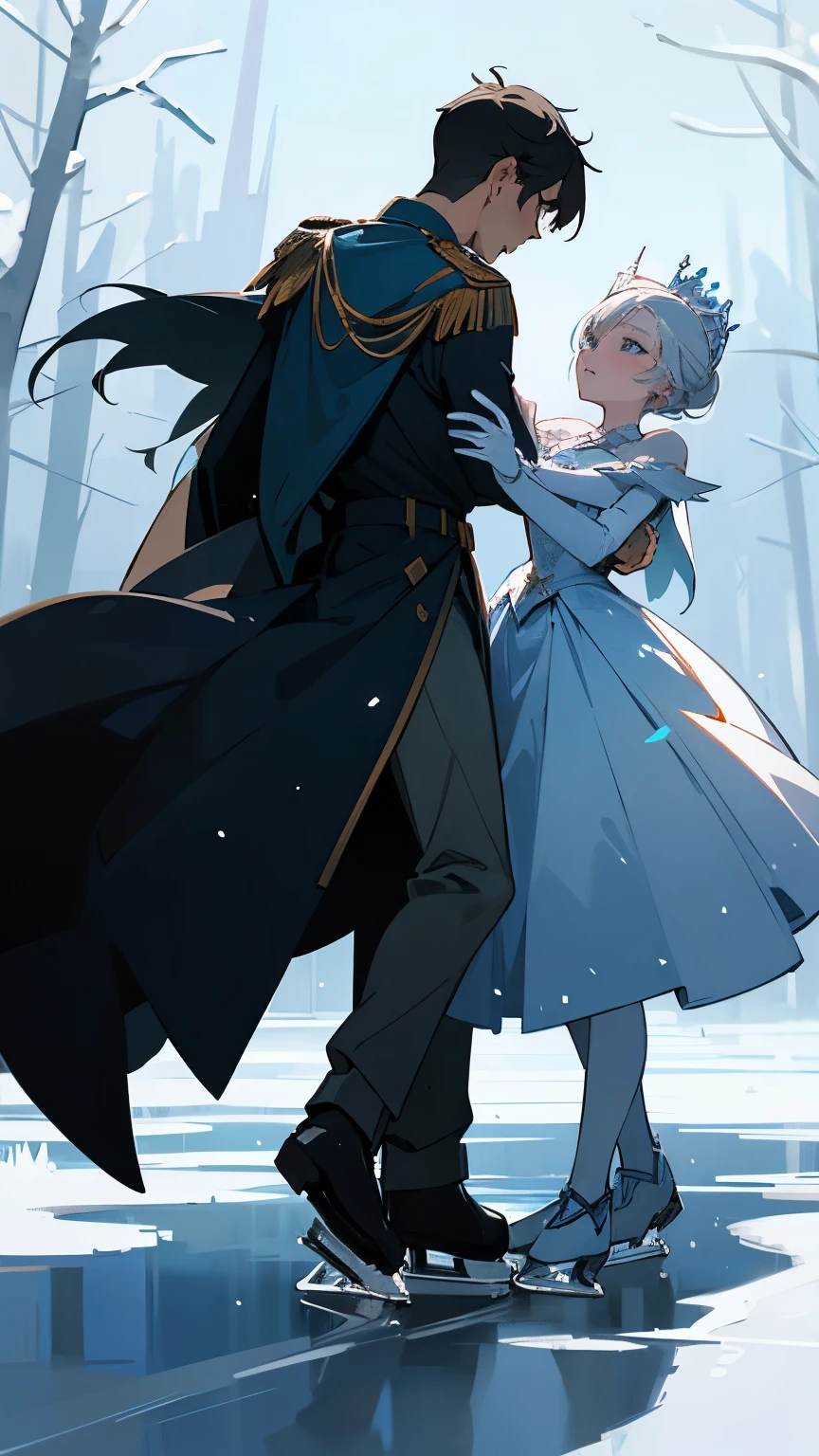 ( 2 people dancing on ice :1.2)、( 2 people are the Snow Queen and brave soldiers )、 elegant dance scene 、 contrast between the queen's gorgeous costume and the soldier's military uniform、 Frozen Lake in the Forest 、 The Queen's Castle Can Be Seen Across the Forest、moonlight、Sparkling Snow 、Masterpiece scene 、 top quality, masterpiece, high definition 、wallpaper、 8K Anime Art 、
