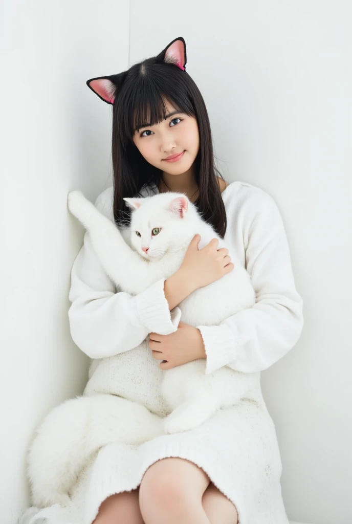 masterpiece, 4K, Bokeh, (Cute:1.5), ( beautiful girl:1.3), ( Japanese idol :1.6), (Cat ears:1.3) , ( white hoodie:1.3),  (I love cats:1.6),  blushed,  cowboy shot , (Holding a cute sleeping white cat :1.5), ( closes the eye:1.3), ( white background  :1.4), 
