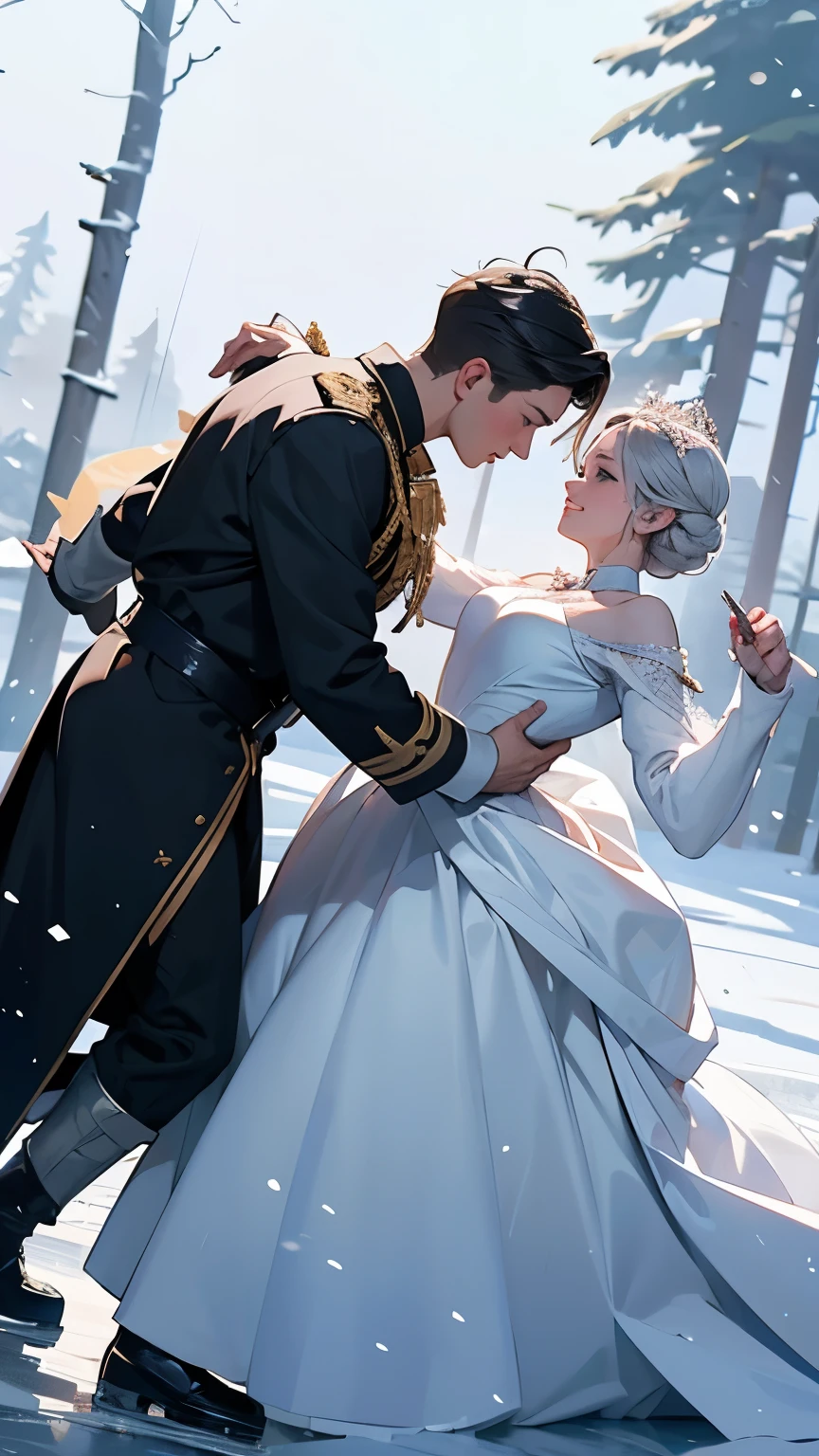 ( 2 people dancing on ice :1.2)、( 2 people are the Snow Queen and brave soldiers )、 elegant dance scene 、 contrast between the queen's gorgeous costume and the soldier's military uniform、 Frozen Lake in the Forest 、 The Queen's Castle Can Be Seen Across the Forest、moonlight、Sparkling Snow 、Masterpiece scene 、 top quality, masterpiece, high definition 、wallpaper、 8K Anime Art 、