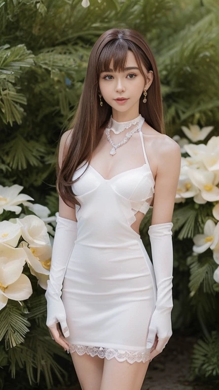 (8k, RAW photo, best quality, masterpiece:1.2), (realistic, photo-realistic:1.37), ultra highres, depth of field, chromatic aberration, caustics, Broad lighting, natural shading,Fujifilm XT3,masterpiece,ultra detailed,1girl, breasts, solo, thighhighs, medium breasts, looking at viewer, blush, nipples, smile, jewelry, white thighhighs, hair ornament, navel, necklace, collarbone, bare shoulders, bridal gauntlets, gloves, cleavage, elbow gloves, thighs, full body, outdoors, walking in a church, <lora:wedding:0.7>, wedding dress, small hip, long legs, slender waist, (skinny legs), smiling, (sexually suggestive)