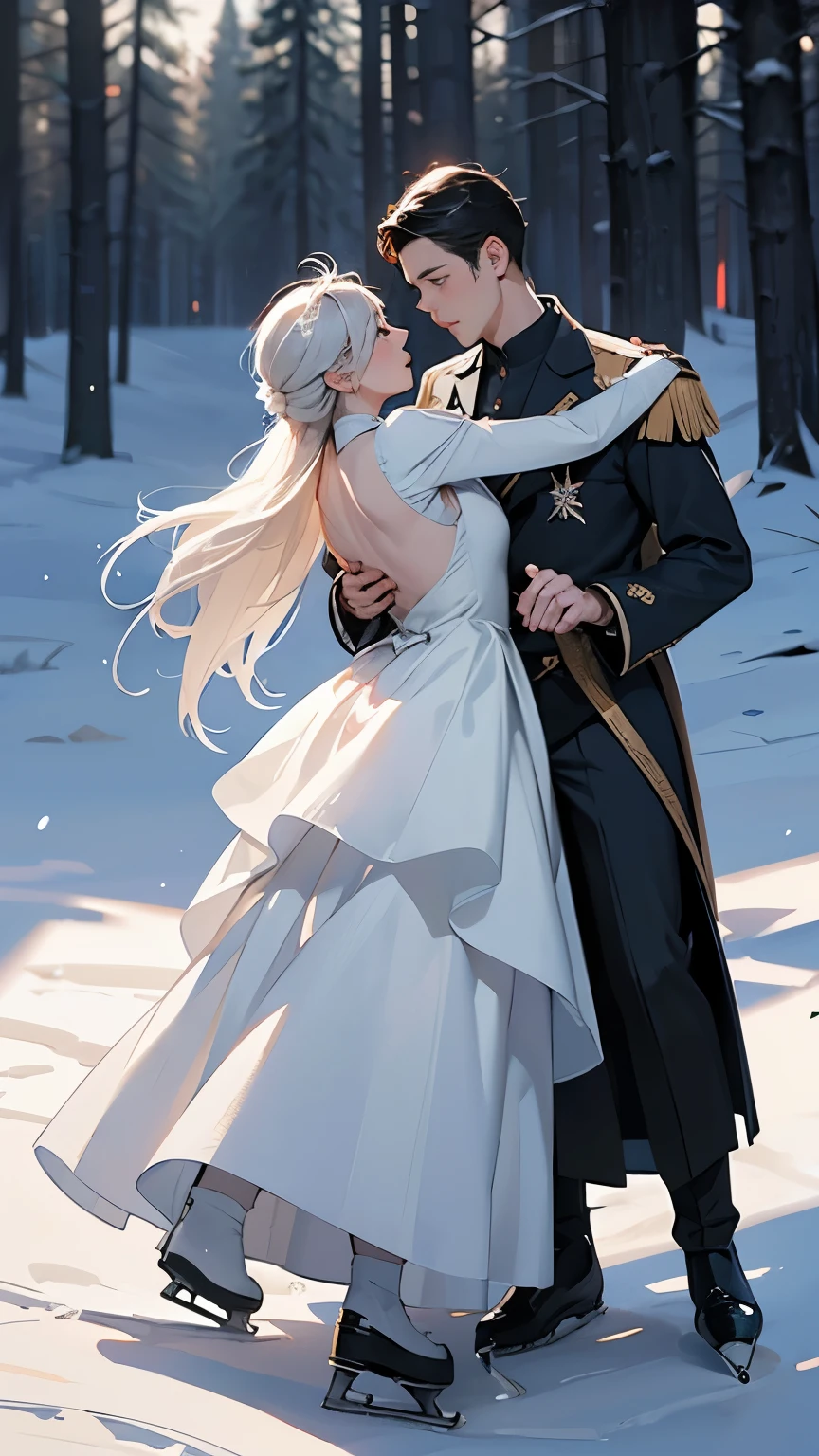 ( 2 people dancing on ice :1.2)、( 2 people are the Snow Queen and brave soldiers )、 elegant dance scene 、 contrast between the queen's gorgeous costume and the soldier's military uniform、 Frozen Lake in the Forest 、 The Queen's Castle Can Be Seen Across the Forest、moonlight、Sparkling Snow 、Masterpiece scene 、 top quality, masterpiece,  high definition 、wallpaper、 8K Anime Art 、