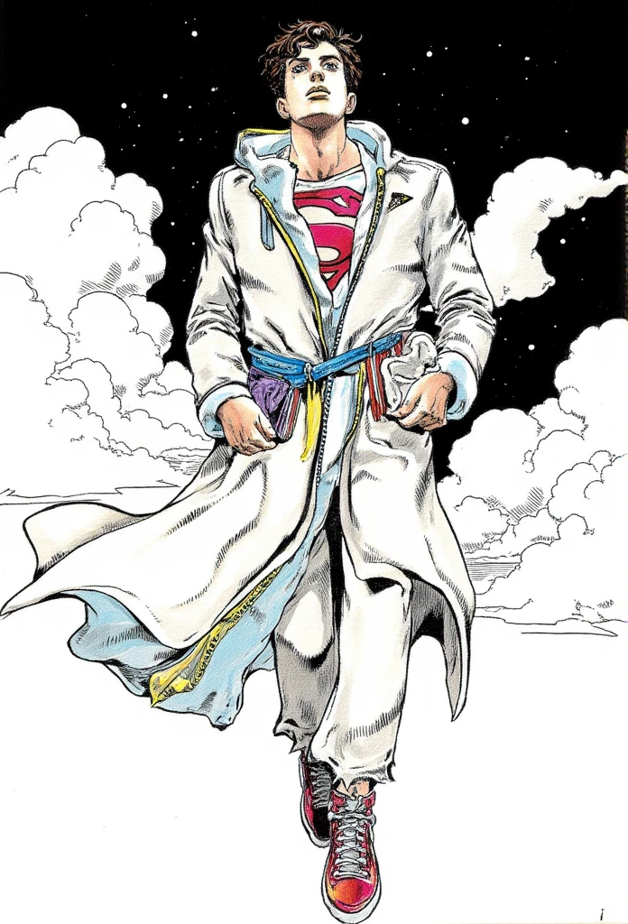 In a strikingly intricate traditional art style reminiscent of Hirohiko Araki, 
superman cut, Timothy chalamet white robe, white coat, white fluffy jacket, bizarre pose, whole body, full body, part 7, part 8, part 9