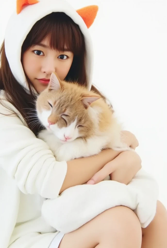 masterpiece, 4K, Bokeh, (Cute:1.5), ( beautiful girl:1.3), ( Japanese idol :1.6), (Cat ears:1.3) , ( white hoodie:1.3),  (I love cats:1.6),  blushed,  cowboy shot , (Holding a cute sleeping white cat :1.5), ( closes the eye:1.3), ( white background  :1.4), 
