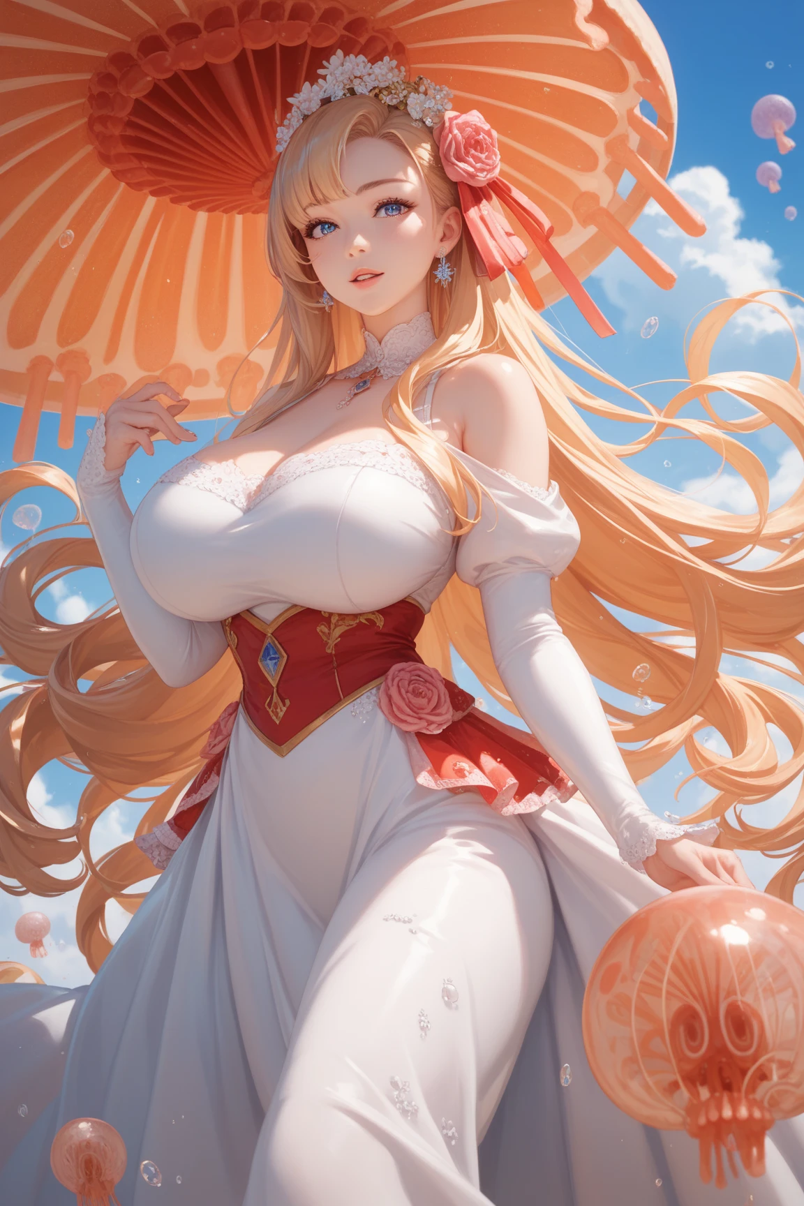 ((((masterpiece)))), ((((Best Quality)))), anime coloring ,High resolution, character profilele ,,whole body,fine grain,Detailed face,Jellyfish,Curvy,High resolution,dress, action、so beautiful、Beautiful Skin、Beautiful and detailed eyes、Huge breasts、