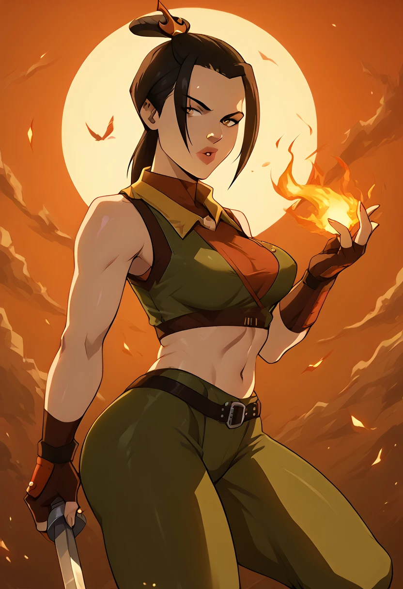 Azula from Avatar The Last Airbender wearing a sexy and modernized version of Sonya Blade's outfit from Mortal Kombat, a tight green crop top with military-style details that highlights her curvy figure with large breasts, paired with low-rise black combat pants cut into shorts to reveal her thick thighs, black thigh-high stockings, and combat boots, she wears black fingerless gloves and a utility belt, her toned abs are visible, her hair is styled in her signature dark brown with a sleek ponytail, her expression is confident and commanding, her pose is bold with one hand on her hip and the other holding a pair of handcuffs, the setting is a battle-ready environment with military equipment and a dramatic sunset in the background, there are no elements or colors related to the Fire Nation, maintaining Azula's sharp and fierce gaze"