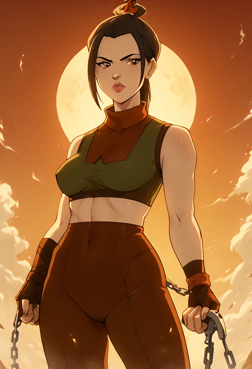 Azula from Avatar The Last Airbender wearing a sexy and modernized version of Sonya Blade's outfit from Mortal Kombat, a tight green crop top with military-style details that highlights her curvy figure with large breasts, paired with low-rise black combat pants cut into shorts to reveal her thick thighs, black thigh-high stockings, and combat boots, she wears black fingerless gloves and a utility belt, her toned abs are visible, her hair is styled in her signature dark brown with a sleek ponytail, her expression is confident and commanding, her pose is bold with one hand on her hip and the other holding a pair of handcuffs, the setting is a battle-ready environment with military equipment and a dramatic sunset in the background, there are no elements or colors related to the Fire Nation, maintaining Azula's sharp and fierce gaze"