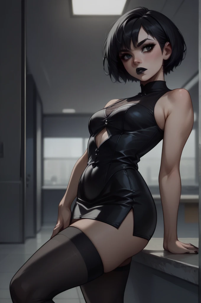  score_9, high resolution ,  short hair,  black hair, black lipstick, black bustier, black mini skirt, black stockings, umbrakynesis