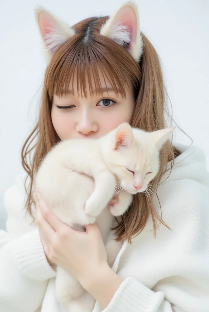 masterpiece, 4K, Bokeh, (Cute:1.5), ( beautiful girl:1.3), ( Japanese idol :1.6), (Cat ears:1.3) , ( white hoodie:1.3),  (I love cats:1.6),  blushed,  cowboy shot , (Holding a cute sleeping white cat :1.5), ( closes the eye:1.3), ( white background  :1.4), 

