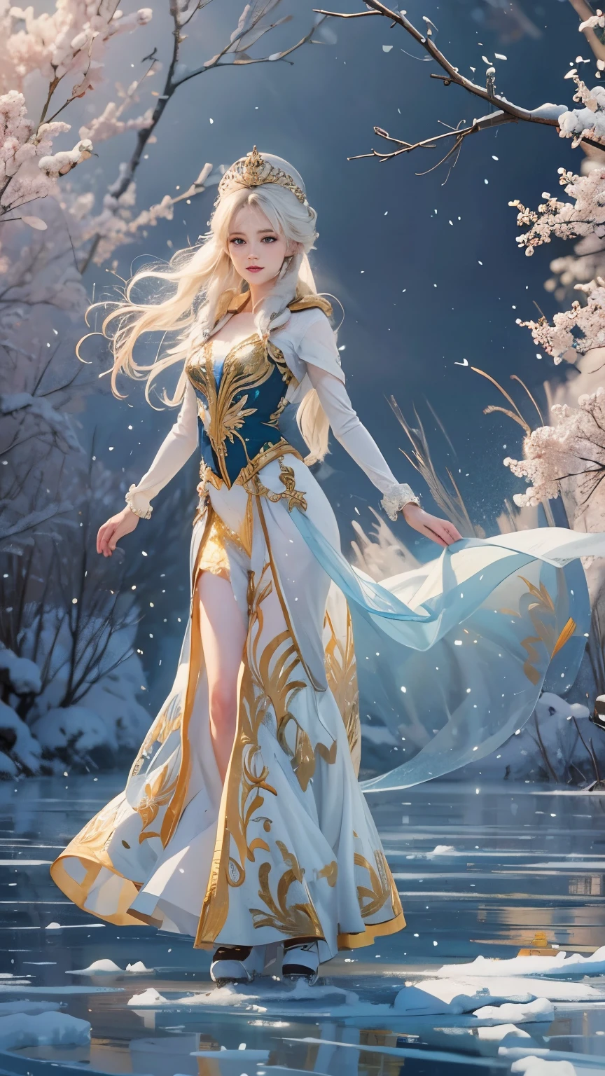 ( 2 people dancing on ice :1.2)、( 2 people are the Snow Queen and brave soldiers )、 elegant dance scene 、 contrast between the queen's gorgeous costume and the soldier's military uniform、 Frozen Lake in the Forest 、 The Queen's Castle Can Be Seen Across the Forest、moonlight、Sparkling Snow 、Masterpiece scene 、 top quality, masterpiece, high definition 、wallpaper、 8K Anime Art 、