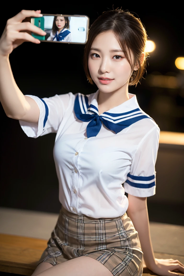 (A stunning Japanese-Korean lady, relaxing near Tokyo Tower at night, natural pose, wearing a traditional Serafuku, Seifuku, tight white shirt, white blouse button-down, translucent short-sleeve, plaid skirt, form-fitting pleated skirt, red ribbon bow tie, sailor collar, youthful charms, smooth complexion, beautiful detailed face, beautiful detailed eyes and lips, long eyelashes, slender figure, perfect body proportion, friendly expression, snaggletooth, cute dimples, kind smile, short hair, short layered hair, side ponytail, Bob hair, Curved in Blunt Bob, Asymmetrical Bob, confident & poised demeanor, Looking at viewer, 

Blurred background, Bokeh effect, ultra-detailed,
(best quality, 4k, 8k, high-resolution), 
(masterpiece:1.28), award-winning,
(realistic, photorealistic, photo-realistic:1.37),
HDR, UHD, studio lighting, ultra-fine painting,
sharp focus, physically-based rendering, extreme detail description, professional photography, vivid colors, SFW, Safe for Work, Cowboy Shot, Close-up Shot, Low Angle Shot, Selfie,)