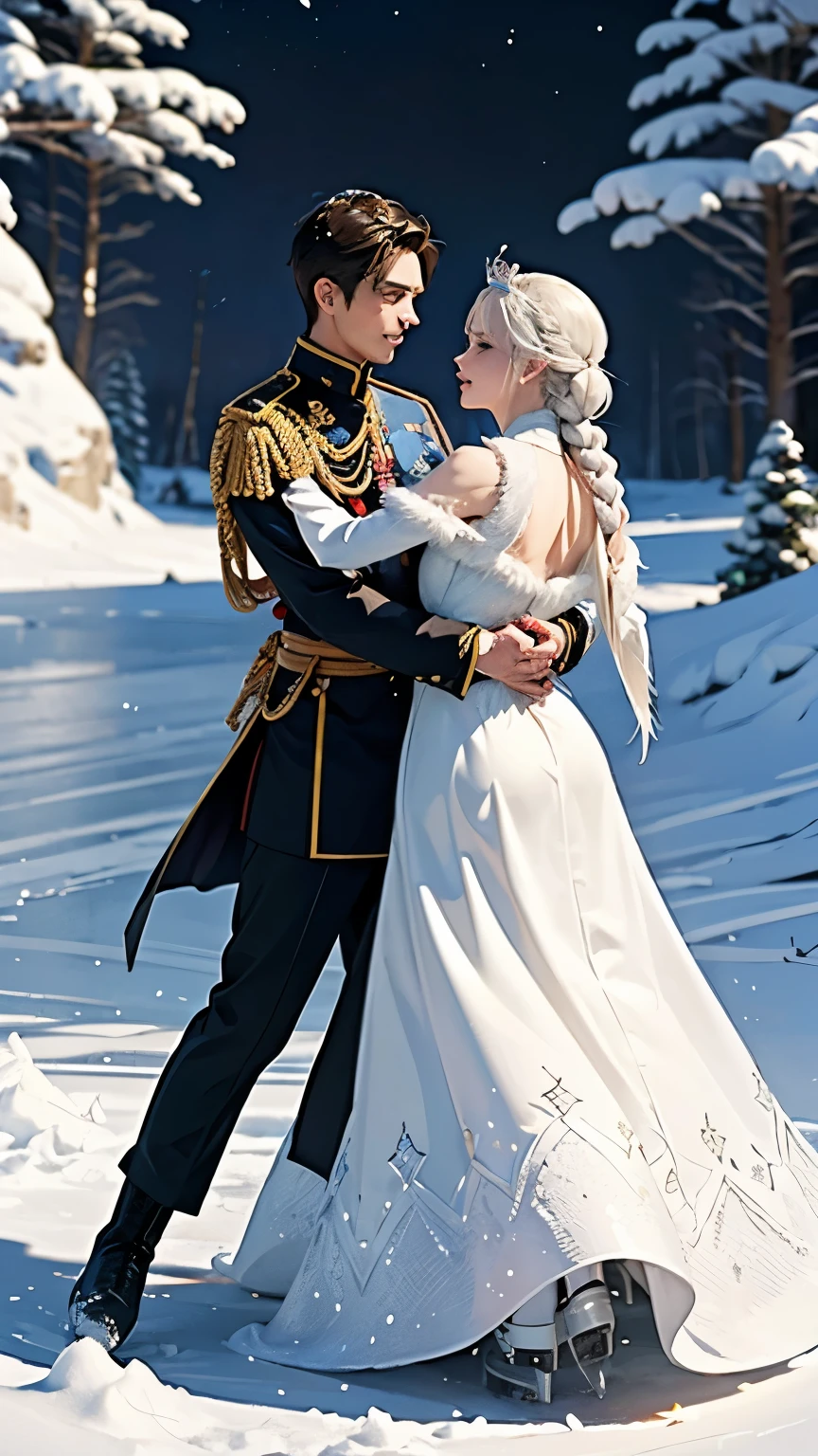 ( 2 people dancing on ice :1.2)、( 2 people are the Snow Queen and brave soldiers )、 elegant dance scene 、 contrast between the queen's gorgeous costume and the soldier's military uniform、 Frozen Lake in the Forest 、 The Queen's Castle Can Be Seen Across the Forest、moonlight、Sparkling Snow 、Masterpiece scene 、 top quality, masterpiece,  high definition 、wallpaper、 8K Anime Art 、