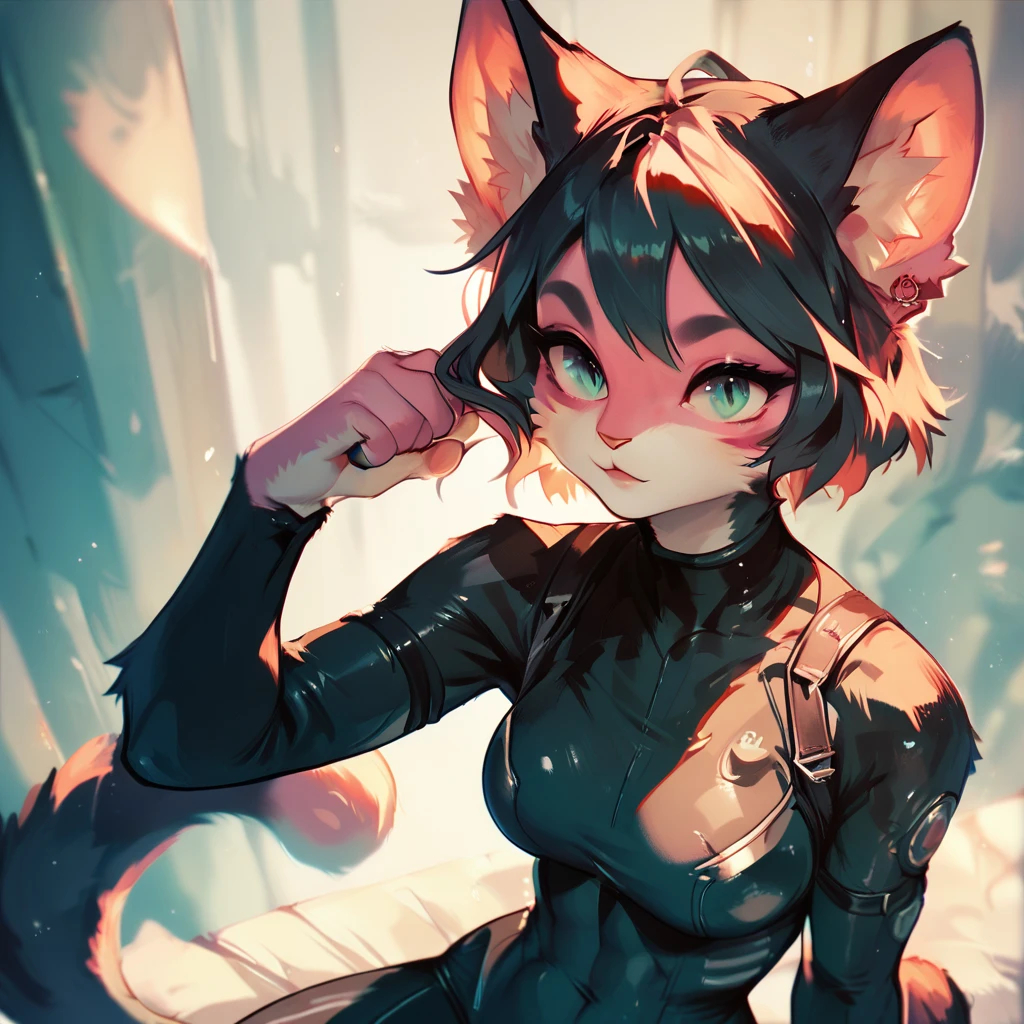 Furry cat, 1 girl, bodysuit black, cat girl, furry