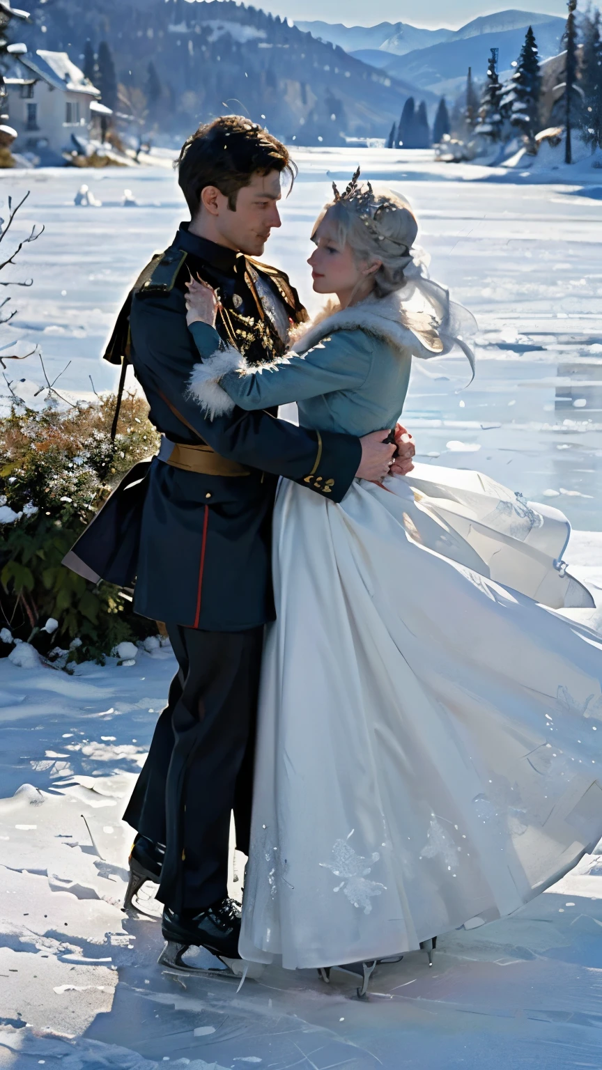 ( 2 people dancing on ice :1.2)、( 2 people are the Snow Queen and brave soldiers )、 elegant dance scene 、 contrast between the queen's gorgeous costume and the soldier's military uniform、 Frozen Lake in the Forest 、 The Queen's Castle Can Be Seen Across the Forest、moonlight、Sparkling Snow 、Masterpiece scene 、 top quality, masterpiece, high definition 、wallpaper、 8K Anime Art 、