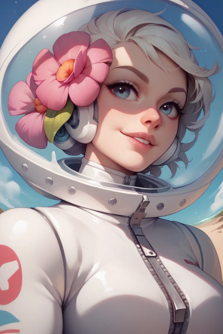 Sandy, single hairflower, white bodysuit, white gloves, zipper, space helmet  Outfit 2: single hairflower, 