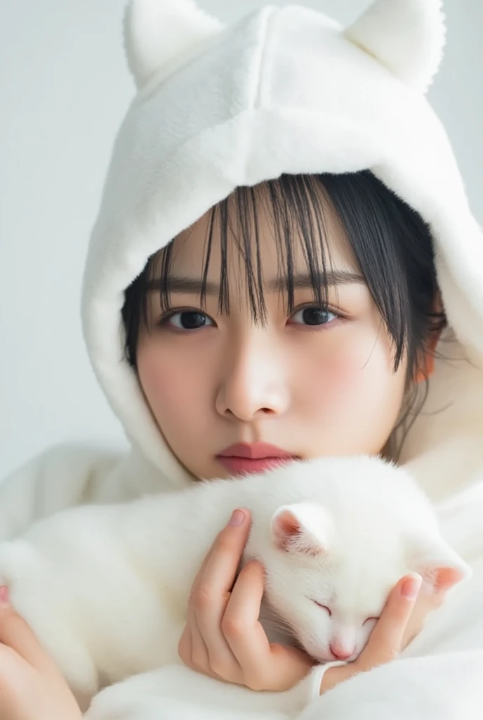 masterpiece, 4K, Bokeh, (Cute:1.5), ( beautiful girl:1.3), ( Japanese idol :1.6), (Cat ears:1.3) , ( white hoodie:1.3),  (I love cats:1.6),  blushed,  cowboy shot , (Holding a cute sleeping white cat :1.5), ( closes the eye:1.3), ( white background  :1.4), 

