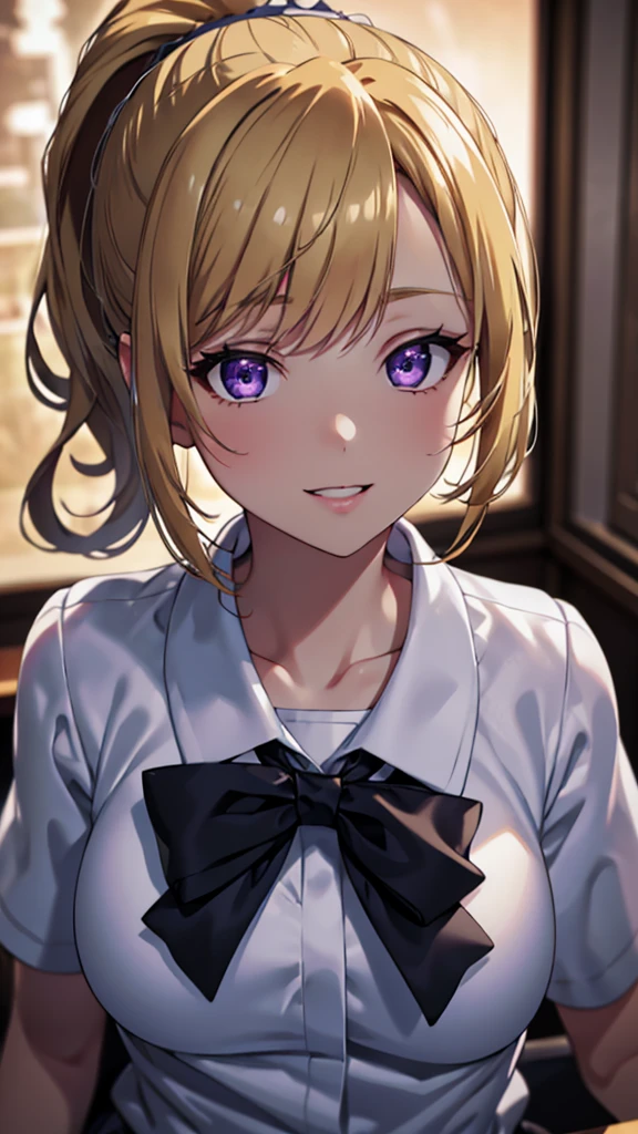 (masterpiece, best quality, absurdres), high quality, highres, ultra detailed, intricate, cinematic lighting, wallpaper, soft lighting, night, close-up, looking at viewer, beautiful woman, 1girl, parted lips, kei Karuizawa, small breasts, blonde hair, bangs, ponytail , detailed violet eyes, ((Super Realistic Detailed Eyes, glowing eyes)),  in classroom school, school outfits, large smile, smiling, focus on face