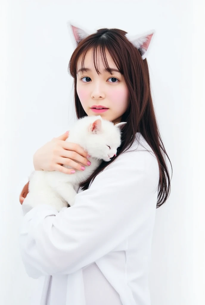 masterpiece, 4K, Bokeh, (Cute:1.5), ( beautiful girl:1.3), ( Japanese idol :1.6), (Cat ears:1.3) , ( white hoodie:1.3),  (I love cats:1.6),  blushed,  cowboy shot , (Holding a cute sleeping white cat :1.5), ( closes the eye:1.3), ( white background  :1.4), 

