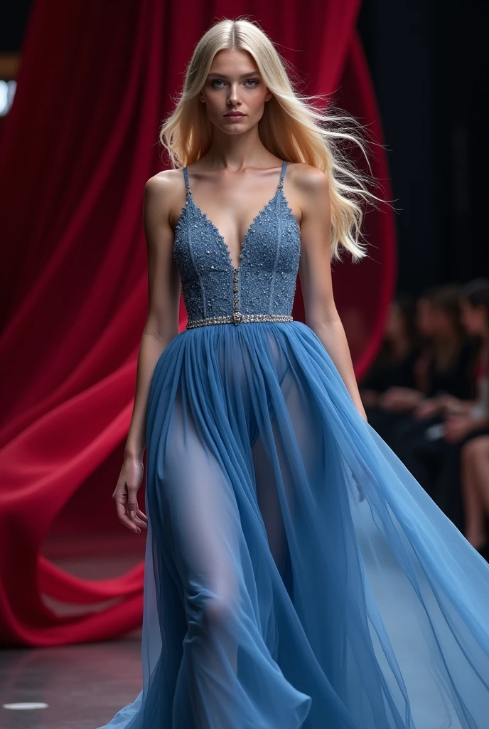 best quality,masterpiece,Ultra-high resolution,(actual:1.4),original photo,Ultra-high resolution,8k,There are women,White skin,Sophisticated makeup,,royal blue skirt:1.5,,High heel,long legs,bright and beautiful,