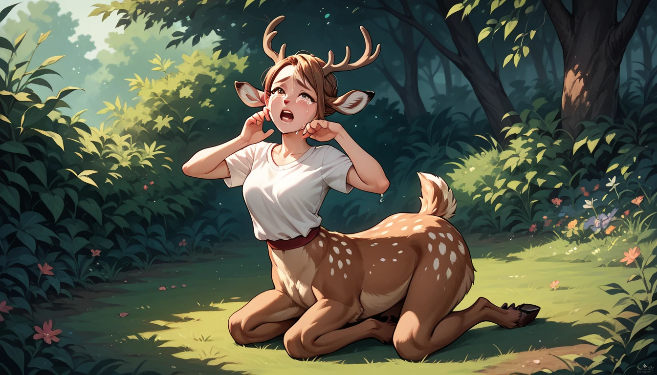 ((Naked solo Woman outside in grass opened field)),(((woman with freckles))), (((hint of shoulder frecklerecklereckled armreckled chest!!!))), ((light cute freckles)), ((sparse freckles)), center focus,deer girl, ((fluffy)), fluffy woman, ((body fur)), ((animal nose)), two-tone fur, gaze at the viewer, half-closed eyes, 1girl, solo, full body, (masterpiece:1.21), (best quality:1.2), (illustration:1.2), (cinematic lighting:1.3), ((detailed fur)), balanced coloring, global illumination, ray tracing, good lighting, ((Fallow deer)), a close up of a cartoon animal on a bed, anthropomorphic female deer, horrified, realistic artstyle, fetish, scream, in dark woods, breasts covered and sfw, inspired by disney, a hyperrealistic painting, someone is screaming, angry and helpless