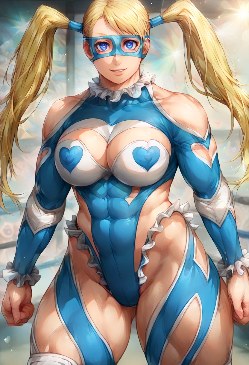 rainbowmika, rainbow mika, blonde hair, blue eyes, hair pulled back, long hair, muscular, muscular female, twintails, smile,
BREAK bare shoulders, blue leotard, clothing cutout, domino mask, heart cutout, knee pads, leotard, mask, shoulder cutout, thick thighs, thighs, wrestling mask, wrestling outfit,
BREAK indoors,
BREAK looking at viewer, (cowboy shot:1.5),
BREAK (masterpiece:1.2), best quality, high resolution, unity 8k wallpaper, (illustration:0.8), (beautiful detailed eyes:1.6), extremely detailed face, perfect lighting, extremely detailed CG, (perfect hands, perfect anatomy),muscle thighs 