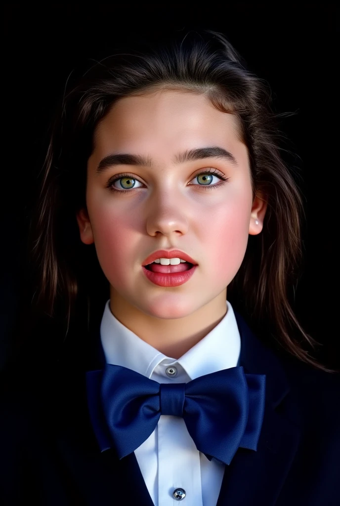 (very realistic photography),(masterpiece, best quality:1.3), 1girl, (alone), front view, her beautiful face,
((young Jennifer Connelly)),(at age 15),
she wear in tidy dark blue high school blazer uniform and immaculate shirt with blilliant blue bow tie.,
with cute face with plump cheeks, 
scooped nose arched high with a turned-up tip,
no make up,
flawless healthy youthful fresh succulent fine smooth white skin,
with precocious female body with precociously large blreasts and broad wide shoulders, 
Jennifer Connelly's unique and beautiful face is recreated.,
a bit wet shiny long dark hair fluttering,
Her mouth is wide open as stretching her lovely tongue.,
Intense light illuminating on her beautiful face.,
Black background,