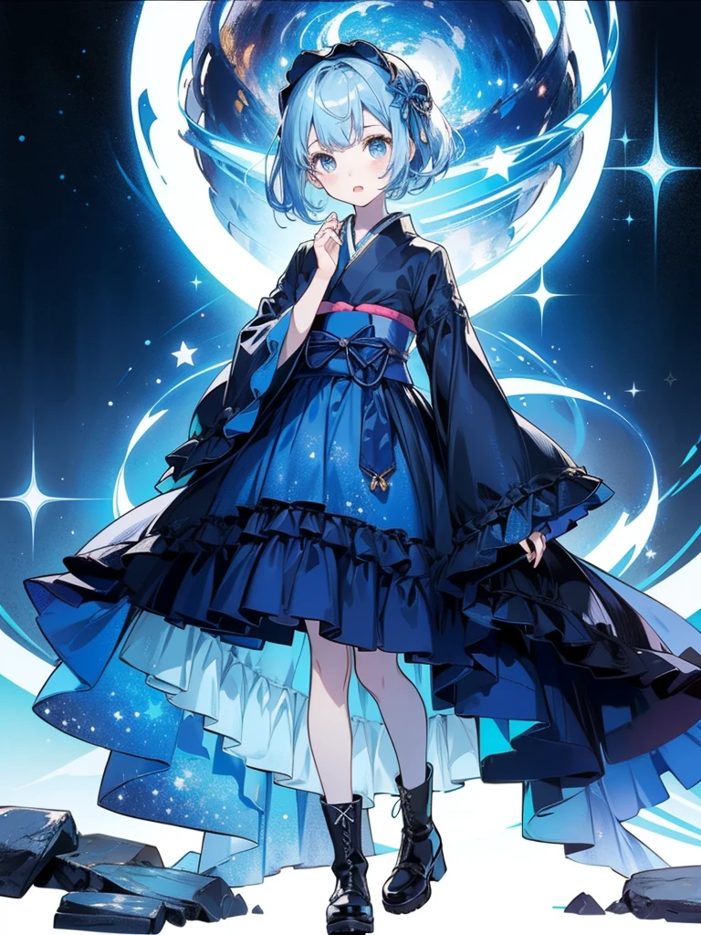 ((( 1 girl)))、Star Fairy、vtuber-full body、((( top quality、masterpiece、 best combination 、Golden Ratio、 Official Art 、 super detailed、 super detailedな目)))、 super detailed,   from the front  ,  headshot 、 Blue and white hair color、Short bangs above the eyebrows、 short hair、 standing in front of the viewer 、 A galaxy pattern costume that remakes a kimono and Gothic Lolita, Dark blue and light blue are the main colors .、 The sleeves are long and the hands are hidden 、 Knee High Boots 、Pure white simple background、