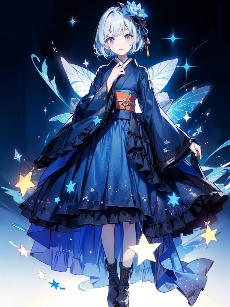 ((( 1 girl)))、Star Fairy、vtuber-full body、((( top quality、masterpiece、 best combination 、Golden Ratio、 Official Art 、 super detailed、 super detailedな目)))、 super detailed,   from the front  ,  headshot 、 Blue and white hair color、Short bangs above the eyebrows、 short hair、 standing in front of the viewer 、 A galaxy pattern costume that remakes a kimono and Gothic Lolita, Dark blue and light blue are the main colors .、 The sleeves are long and the hands are hidden 、 Knee High Boots 、Pure white simple background、