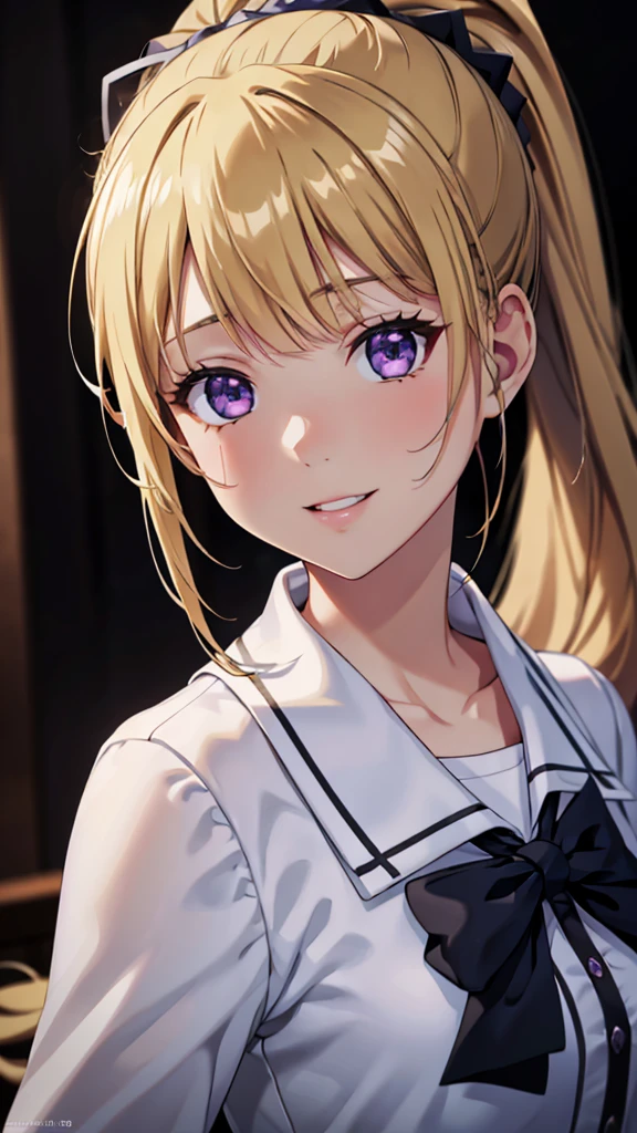 (masterpiece, best quality, absurdres), high quality, highres, ultra detailed, intricate, cinematic lighting, wallpaper, soft lighting, night, close-up, looking at viewer, beautiful woman, 1girl, parted lips, kei Karuizawa, small breasts, blonde hair, bangs, ponytail , detailed violet eyes, ((Super Realistic Detailed Eyes, glowing eyes)),  in classroom school, school outfits, large smile, smiling, focus on face