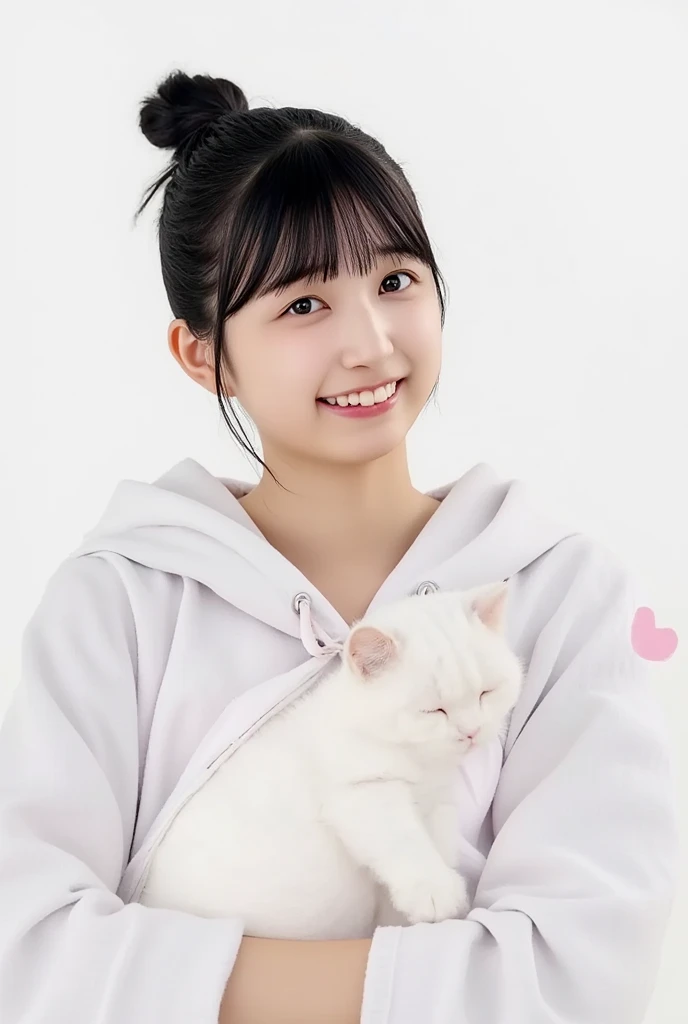 masterpiece, 4K, Bokeh, (Cute:1.5), ( beautiful girl:1.3), ( Japanese idol :1.6), (Cat ears:1.3) , ( white hoodie:1.3),  (I love cats:1.6),  blushed,  cowboy shot , (Holding a cute sleeping white cat :1.5), ( closes the eye:1.3), ( white background  :1.4), 

