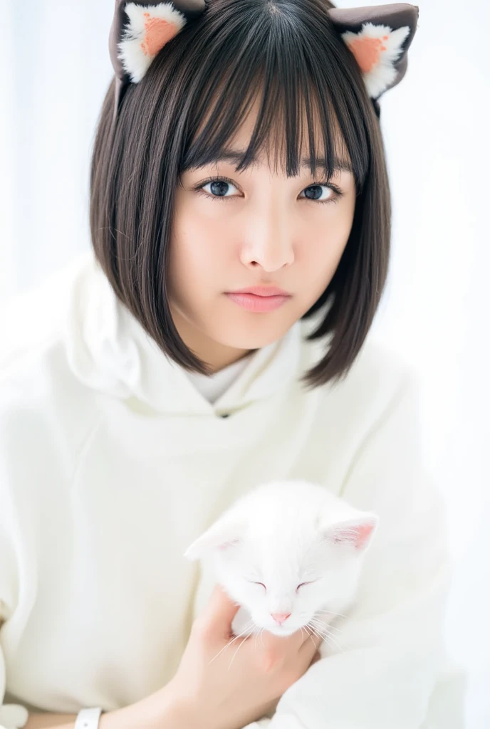 masterpiece, 4K, Bokeh, (Cute:1.5), ( beautiful girl:1.3), ( Japanese idol :1.6), (Cat ears:1.3) , ( white hoodie:1.3),  (I love cats:1.6),  blushed,  cowboy shot , (Holding a cute sleeping white cat :1.5), ( closes the eye:1.3), ( white background  :1.4), 

