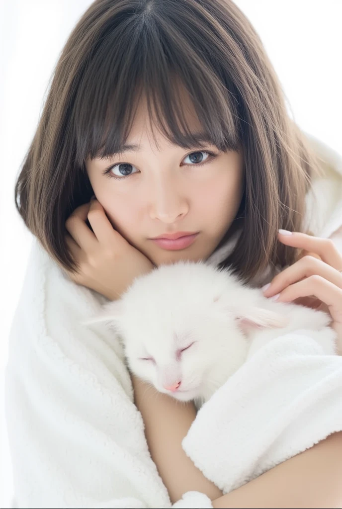 masterpiece, 4K, Bokeh, (Cute:1.5), ( beautiful girl:1.3), ( Japanese idol :1.6), (Cat ears:1.3) , ( white hoodie:1.3),  (I love cats:1.6),  blushed,  cowboy shot , (Holding a cute sleeping white cat :1.5), ( closes the eye:1.3), ( white background  :1.4), 

