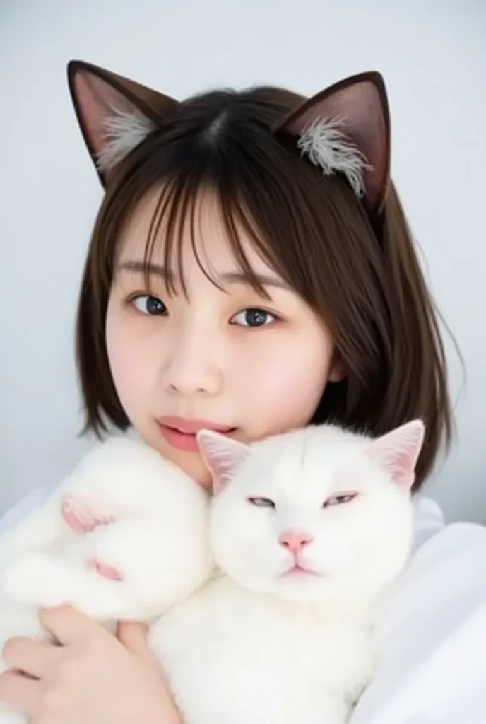 masterpiece, 4K, Bokeh, (Cute:1.5), ( beautiful girl:1.3), ( Japanese idol :1.6), (Cat ears:1.3) , ( white hoodie:1.3),  (I love cats:1.6),  blushed,  cowboy shot , (Holding a cute sleeping white cat :1.5), ( closes the eye:1.3), ( white background  :1.4), 

